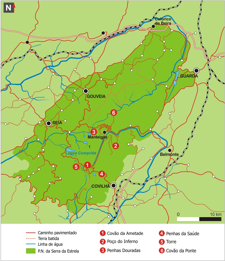 Mapa com atrativos na Serra da Estrela