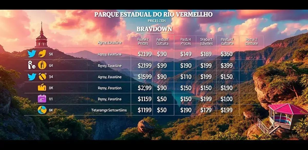 Preços de cada atrativo no Parque Estadual do Rio Vermelho